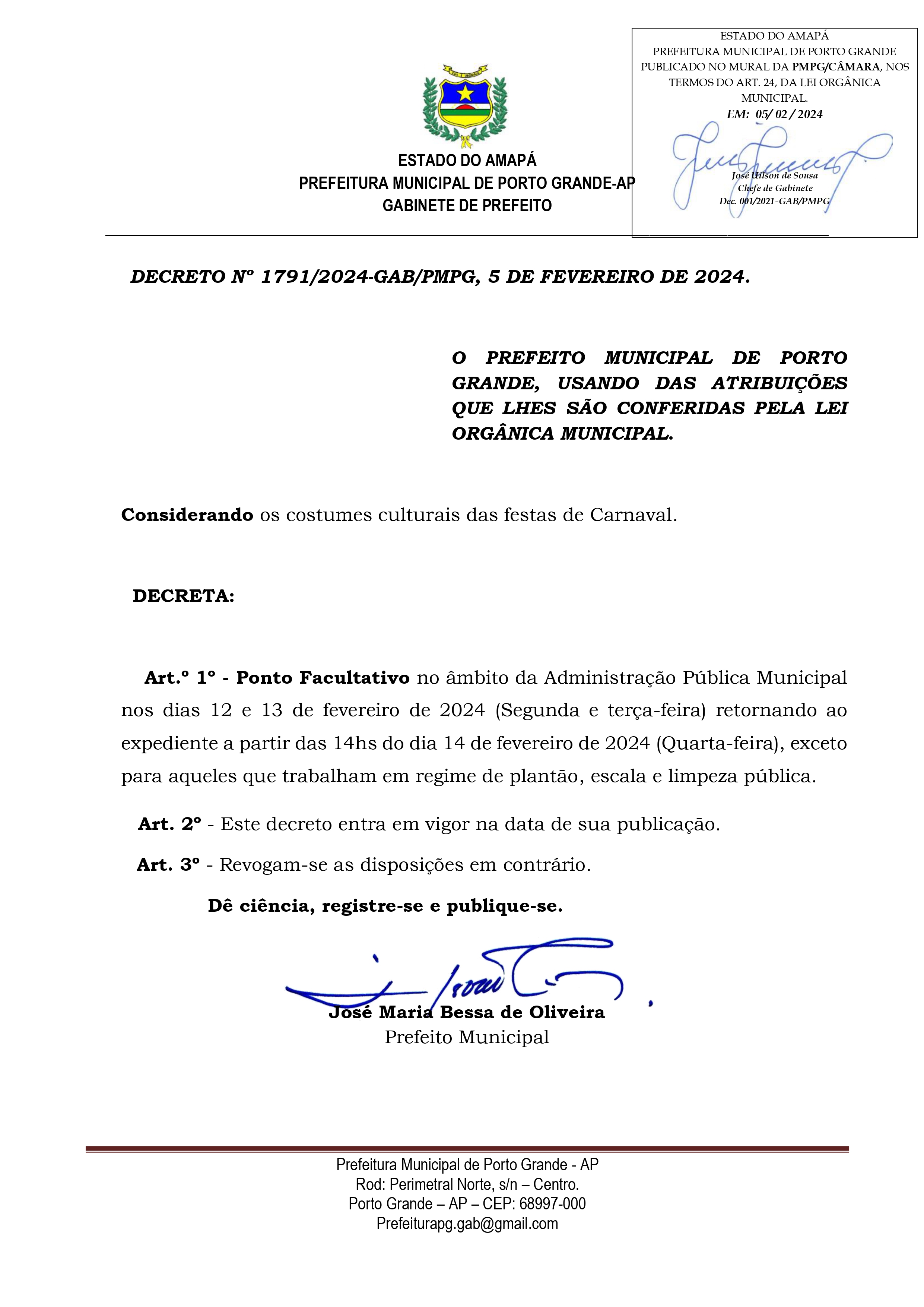 DECRETO Nº 1791/2024-GAB/PMPG - CARNAVAL
